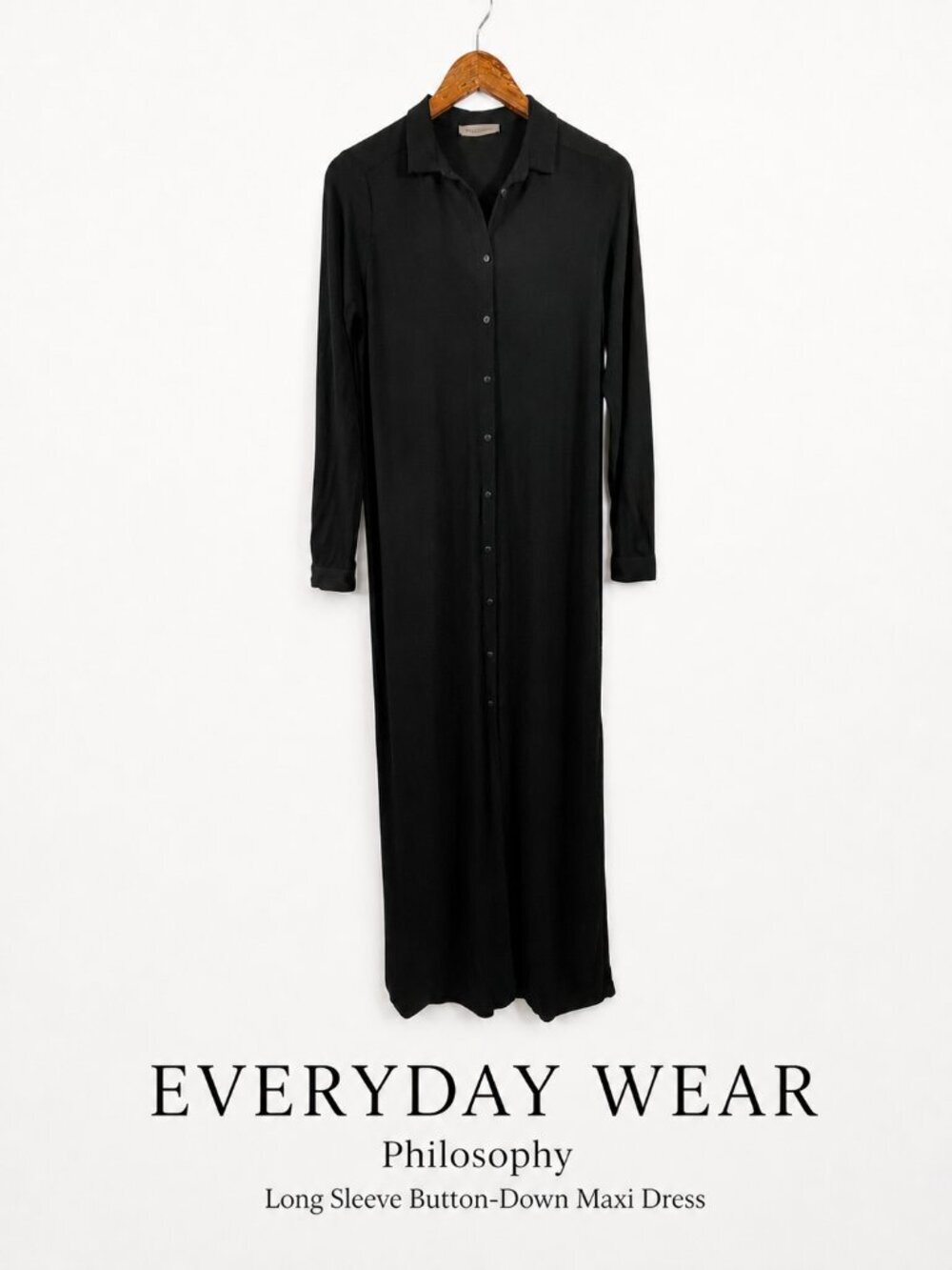 Philosophy Black Button Front Maxi Shirt Dress Long Sleeve Minimal Small 4/6 - Picture 2 of 11